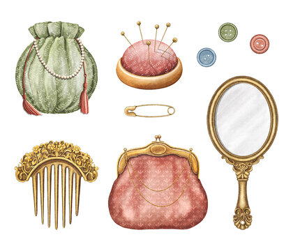Set with vintage hand bags, mirror, comb, pincushion, buttons and safety pin isolated on white background. Watercolor hand drawn illustration sketch
