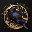 Black violet raven sculpture reconstructed in kintsugi style with gold decorations, Generative art