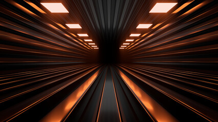 Wall Mural - Sci Fy neon glowing lines in a dark tunnel. Reflections on the floor and ceiling. 3d rendering image. Abstract glowing lines. Techology futuristic background.