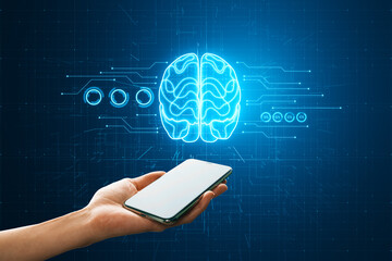 Poster - Close up of female hand holding cellphone with glowing brain hologram on blurry dark circuit background. Artificial intelligence and machine learning concept.