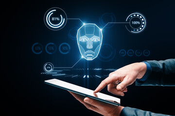 Poster - AI system in hologram human head with HUD display elements. Artificial Intelligence for VR with tech shapes HUD. Biometric technology, face recognition systems. Male hand pointing at smartphone.