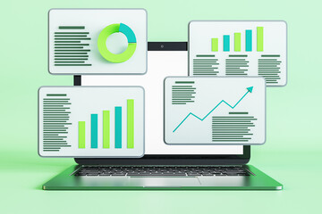 Aufkleber - Laptop on green background with various business charts. Analytics and trend concept. 3D Rendering.