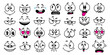 Cartoon faces. Facial expressions for retro old style characters or 1970s animation mascot vector illustration set. Smiling, scared, angry and sad emotions isolated on white, emoticons collection