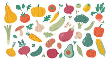 Simple Doodle Vegetables. Vegan Diet Grocery Products, Healthy Food Cooking Ingredients Hand Drawn Vector Illustration Set. Organic Beetroot, Garlic, Fresh Eggplant, Pumpkin. Grocery Store