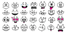 Cartoon Faces. Facial Expressions For Retro Old Style Characters Or 1970s Animation Mascot Vector Illustration Set. Smiling, Scared, Angry And Sad Emotions Isolated On White, Emoticons Collection