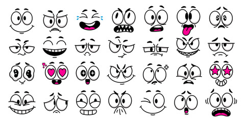 cartoon faces. facial expressions for retro old style characters or 1970s animation mascot vector il