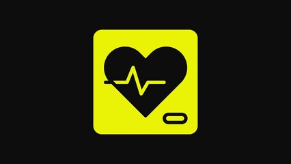 Sticker - Yellow Heart rate icon isolated on black background. Heartbeat sign. Heart pulse icon. Cardiogram icon. 4K Video motion graphic animation