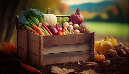 Wall Mural - Mix of organic vegetable in wooden box created with AI