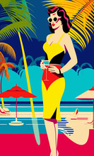 Vintage Poster Art Deco Woman Drinking Cocktail On The Beach