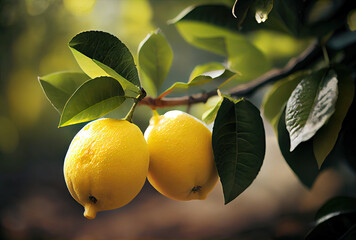 Wall Mural - Juicy lemons in garden created with AI