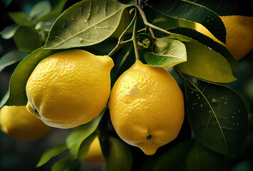 Wall Mural - Juicy lemons in garden created with AI