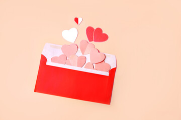 Wall Mural - red envelope with pink and red hearts. Greeting card