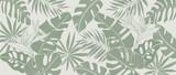 Tropical leaves background vector. Natural jungle monstera palm leaves design in minimal pale green color with contour line art style. Design for fabric, print, cover, banner, decoration, wallpaper.