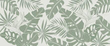 Tropical Leaves Background Vector. Natural Jungle Monstera Palm Leaves Design In Minimal Pale Green Color With Contour Line Art Style. Design For Fabric, Print, Cover, Banner, Decoration, Wallpaper.