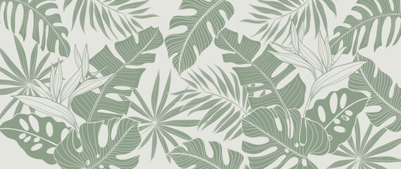 Wall Mural - Tropical leaves background vector. Natural jungle monstera palm leaves design in minimal pale green color with contour line art style. Design for fabric, print, cover, banner, decoration, wallpaper.