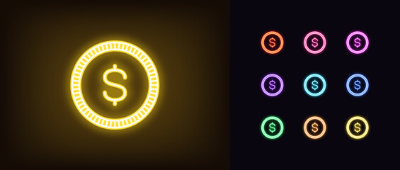 Wall Mural - Outline neon dollar token icon set. Glowing neon token frame with dollar sign, golden USDT coin pictogram. Digital USD token transaction, cryptocurrency exchange, virtual money wallet.