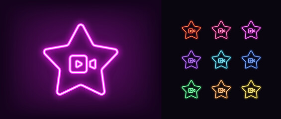 Wall Mural - Outline neon superstar video icon set. Glowing neon star frame with camera play sign, top cinema celebrity. Cinema award, best video content, top rank movie star, superstar live show.