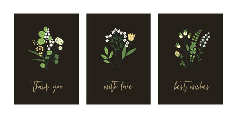 Wall Mural - Botanical cards set. Floral postcards designs with field flowers, meadow herbs. Vertical nature backgrounds with gentle herbal leaf plants, blooms and phrases. Botany flat vector illustrations