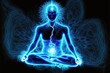 Universe, cosmos. Meditation background,  yoga lotus pose, chakras, prana, Soul healing energy, and spirituality. Generative AI