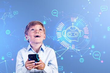 Wall Mural - Kid boy with smartphone, voice chat bot and icons