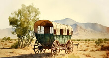 Abandoned Wagon In Desert Mountain Landscape Art Oil Painting