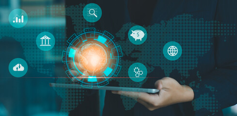Poster - Businessman using tablet and icon network connection data with growth graph customer, digital marketing, banking and payment online, analysis and planning of business.