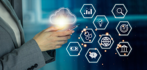 Poster - Businesswoman using smartphone connect to data information on cloud computing network. Cloud computing technology icons concept. banner design