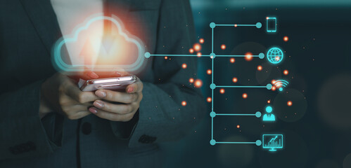 Poster - Businesswoman using smartphone connect to data information on cloud computing network. Cloud computing technology concept.