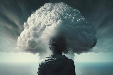 Wall Mural - A mental health concept. Of a woman with his head in his hands vanishing into clouds. back view generative ai