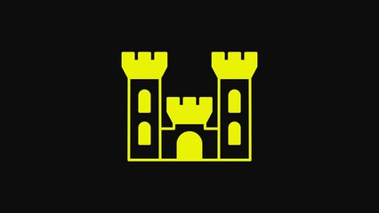 Wall Mural - Yellow Castle icon isolated on black background. Medieval fortress with a tower. Protection from enemies. Reliability and defense of the city. 4K Video motion graphic animation