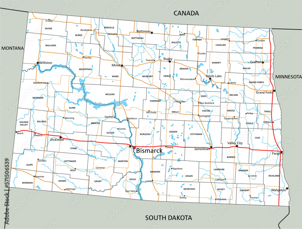 High detailed North Dakota road map with labeling.