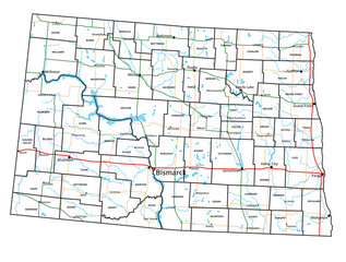 Wall Mural - North Dakota road and highway map. Vector illustration.