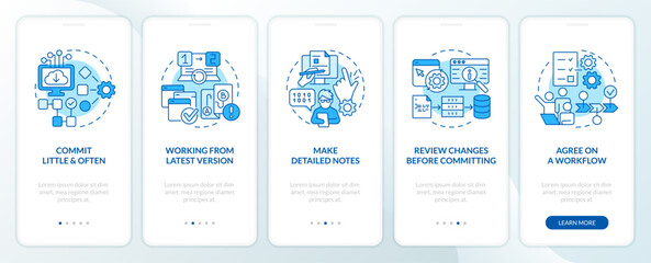 Source code management practices blue onboarding mobile app screen. Walkthrough 5 steps editable graphic instructions with linear concepts. UI, UX, GUI template. Myriad Pro-Bold, Regular fonts used