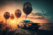 police car on the beach by sunset light. Generative AI