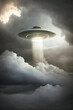 flying saucer shaped ufo, in the blue sky with clouds, Generative ai