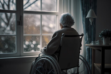 Back view Lonely sad elderly person in wheelchair in home nursing looking out window. Generation AI