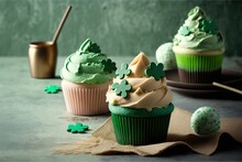 Composition With Delicious Decorated Cupcakes On Wooden Table, Space For Text. St. Patrick's Day Celebration