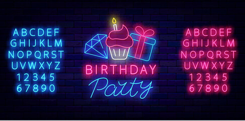 Wall Mural - Birthday party neon signboard. Present, diamond and cupcake. Light event advertising. Vector stock illustration