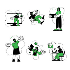 Aufkleber - Green flat line concept Metaverse with people scene in the flat cartoon style. Young people stay into virtual spaces.