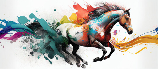 Wall Mural - Sport horse gallop race colorful splash horizontal banner on white background. Generative AI illustration