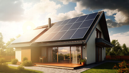 house with solar panels on the roof. sustainable and clean energy at home. generative ai