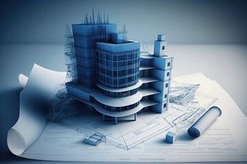 3D buildings emerging form architectural drawings. Generative AI illustration.