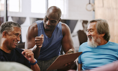 Canvas Print - Gym, membership and personal trainer with men for sign up, planning and workout routine on blurred background. Health, checklist and coach with old people on floor for training, goals and motivation