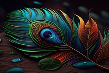 Elegant Leather Colorful Peacock Feather Background. 3d Abstraction Interior Mural Peacock Feather Wallpaper. Beautiful Abstract Close Up Of Peacock Feather Background. Generate Ai