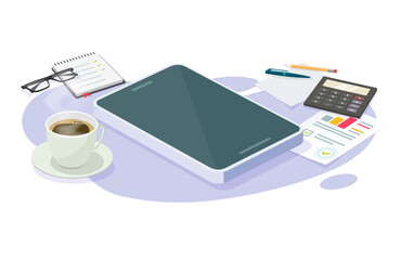 Poster - Cell Phone isometric 3d vector blank screen on work table desk, mobile cellphone smartphone graphic for audit analysis app presentation concept, smart telephone template illustration image