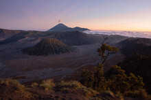 Mount Bromo View From King Kong Hill Sunset. Mount Bromo Is A Stratovolcano On The Indonesian Island Of Java