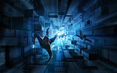 Wall Mural - Man falling into information space, 3D illustration.