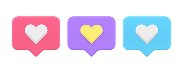 Poster - Like evaluation social media communication heart badge speech bubble 3d icon set realistic vector