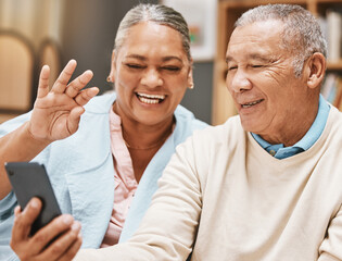 Sticker - Video call, wave or happy old couple talking, communication or speaking in conversation in retirement. Partnership, elderly man or senior woman greeting online on phone at home together with smile