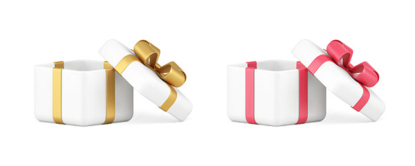 Poster - Gift box open greeting wrapped container with bow ribbon for holiday festive 3d icon set vector